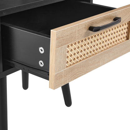 15.75" Rattan End Table With Drawer And Solid Wood Legs, Modern Nightstand, Side Table For Living Room, Bedroom - Black