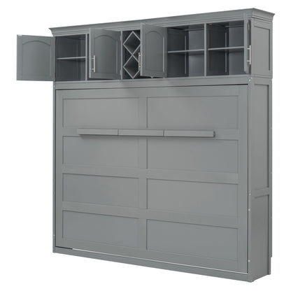 Queen Size Murphy Wall Bed With Top Cabinets & Wine Rack - Gray
