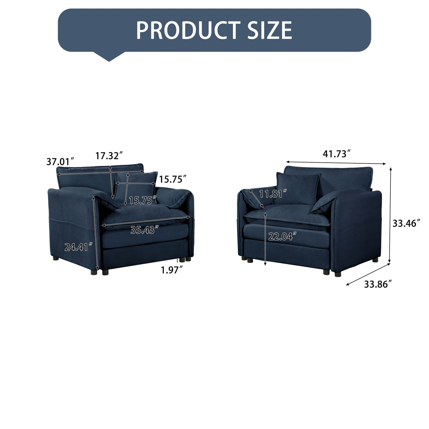 Modern Oversized Chenille Accent Chair, Comfy Armchair With Large Seat (Set of 2) - Blue