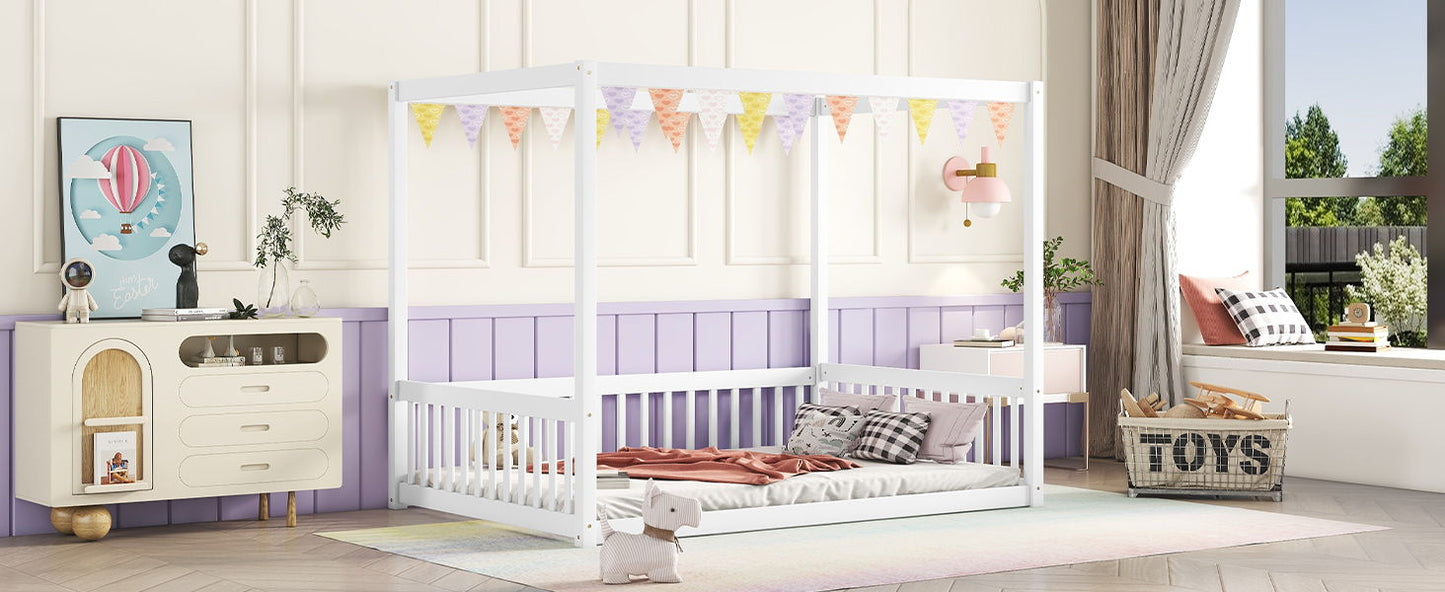 Full Size Canopy Frame Floor Bed With Fence, Guardrails - White