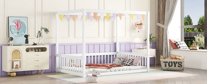 Full Size Canopy Frame Floor Bed With Fence, Guardrails - White