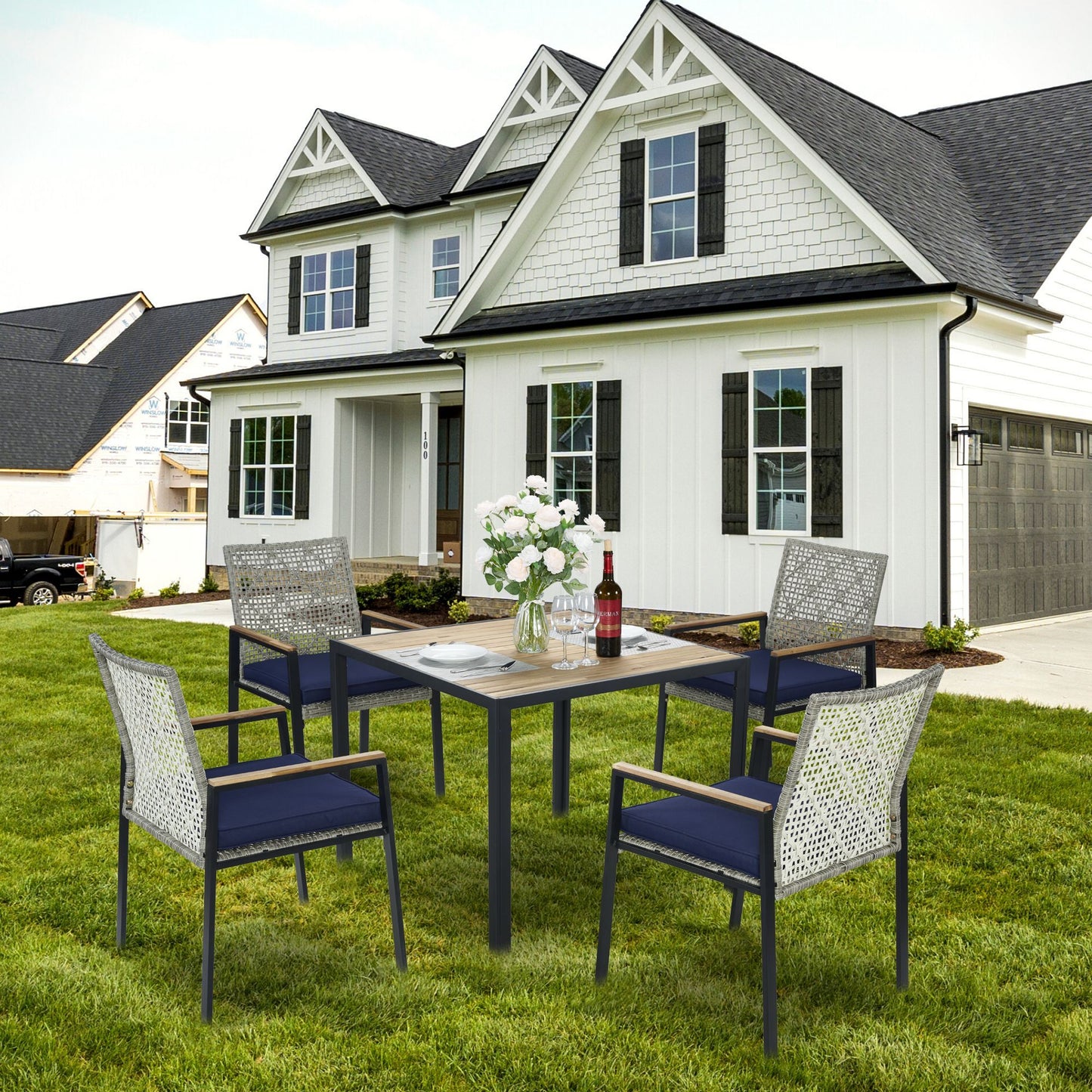 All Weather 5 Piece Patio Dining Table Sets With Acacia Wood Top And Umbrella Hole, Rattan Outdoor - Light Gray