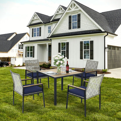 All Weather 5 Piece Patio Dining Table Sets With Acacia Wood Top And Umbrella Hole, Rattan Outdoor - Light Gray
