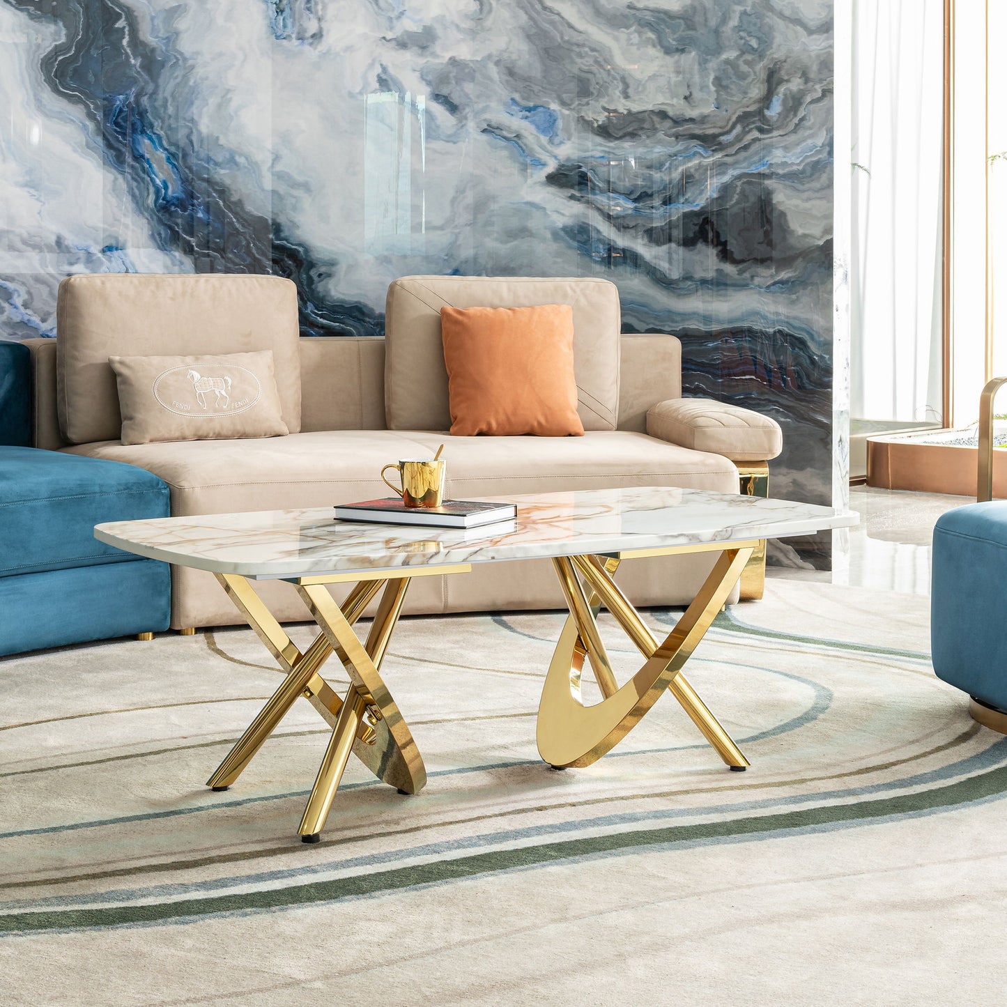 Elegant Stainless Steel Coffee Table With Marble Pattern For Living Room & Office - Gold