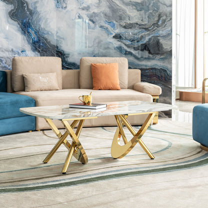 Elegant Stainless Steel Coffee Table With Marble Pattern For Living Room & Office - Gold