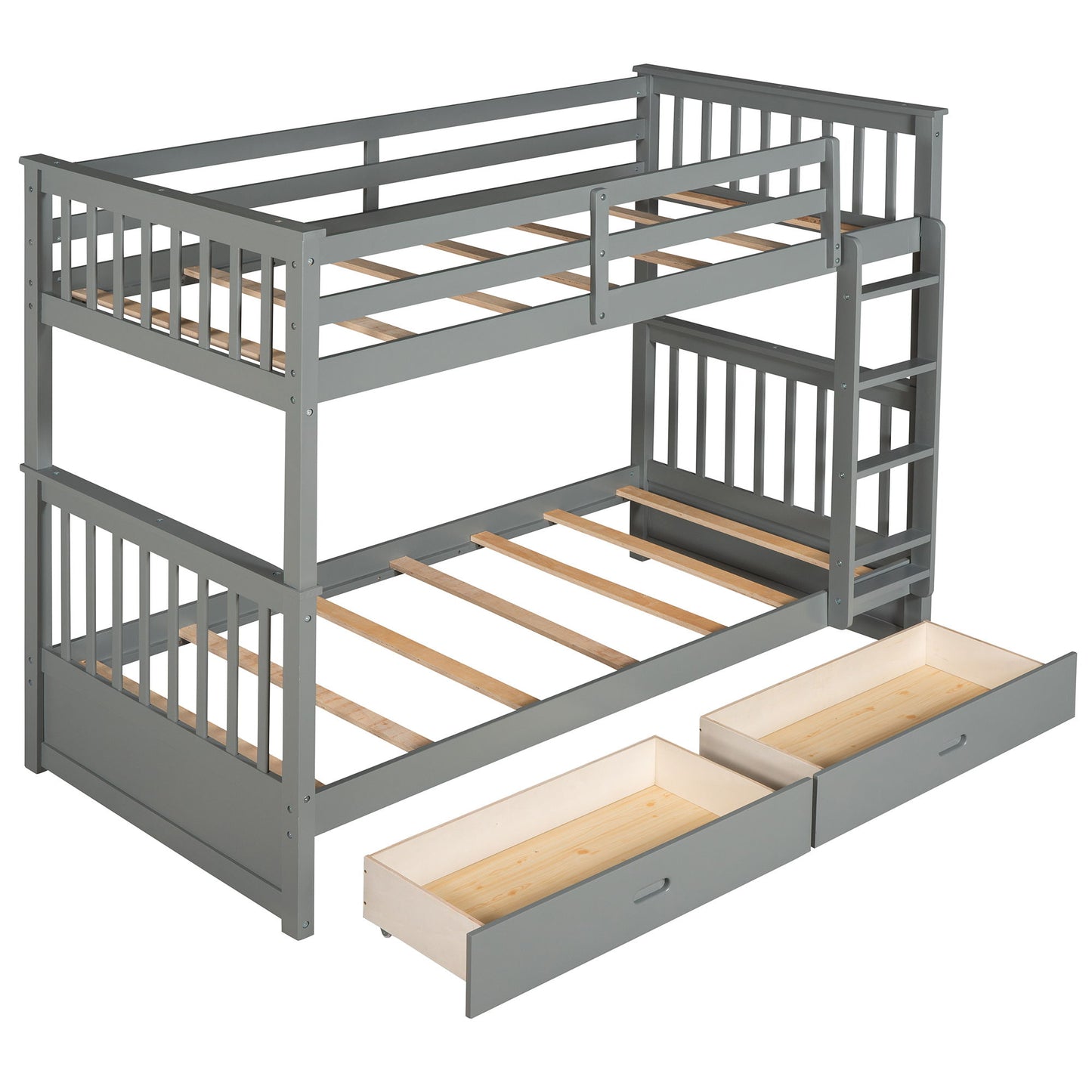 Twin Over Twin Bunk Bed With Ladders And 2 Storage Drawers - Gray