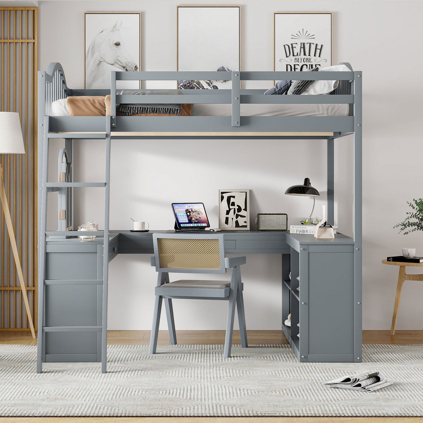 Full Loft Bed With U Shaped Desk, Storage Compartments And Tri Fold Mirror - Gray