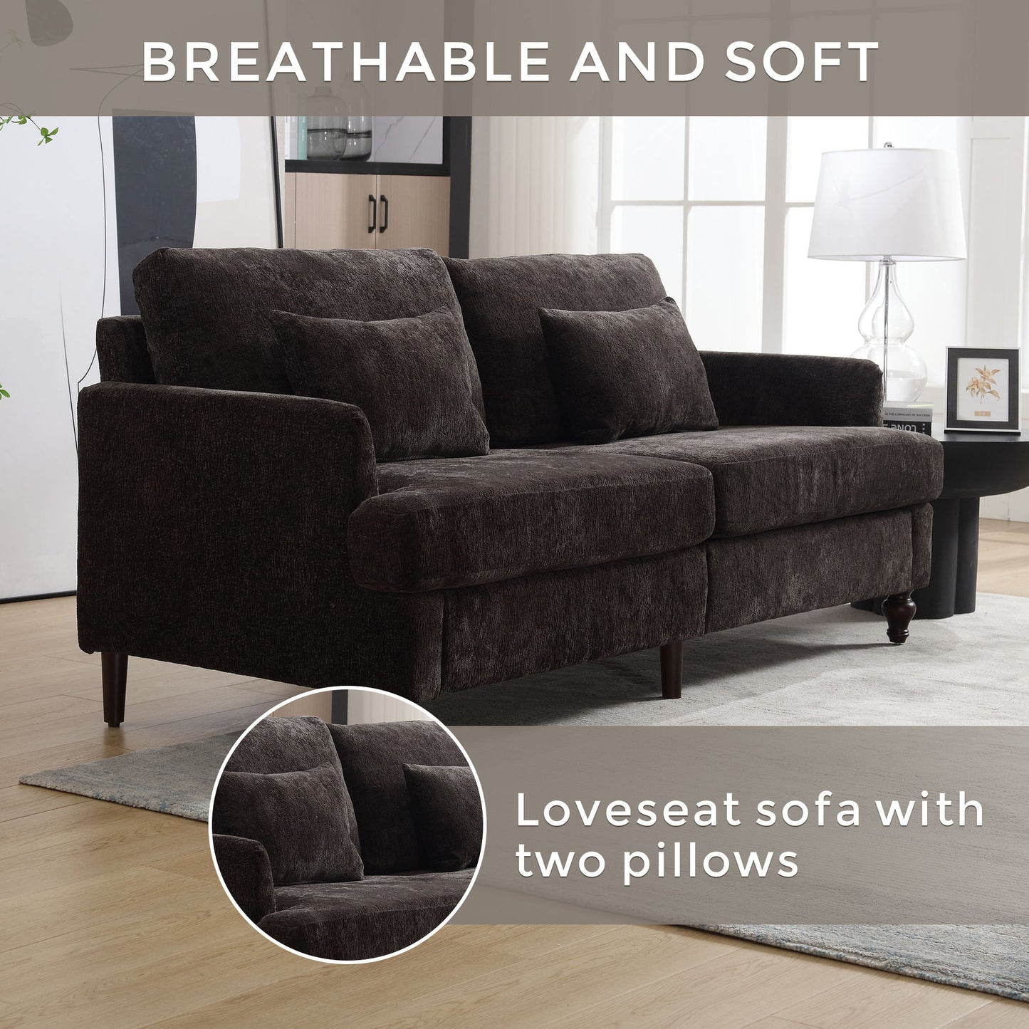 Mid Century Modern Chenille Fabric Loveseat Sofa With Brown Wood Feet, 2 Seat Upholstered Couch For Living Room Or Bedroom - Black