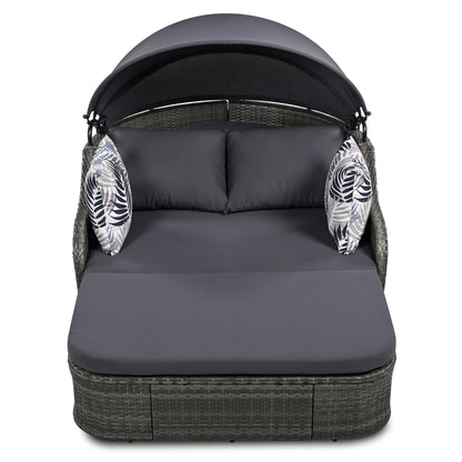 Outdoor Sunbed With Adjustable Canopy, Double Lounge, PE Rattan Daybed Wicker And Cushion - Gray
