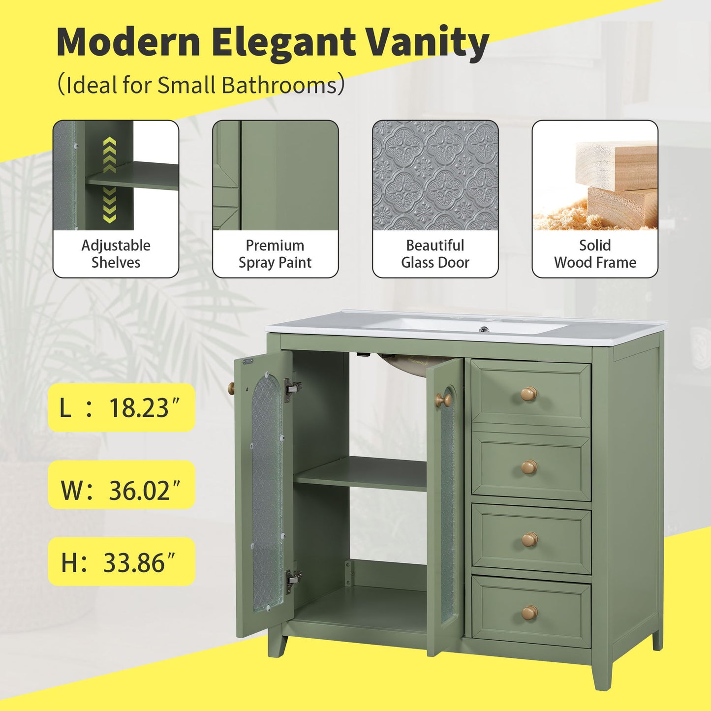 Bathroom Vanity With Two Soft Close Doors, Adjustable Shelves And Three Drawers - Green