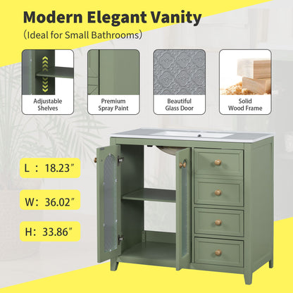 Bathroom Vanity With Two Soft Close Doors, Adjustable Shelves And Three Drawers - Green