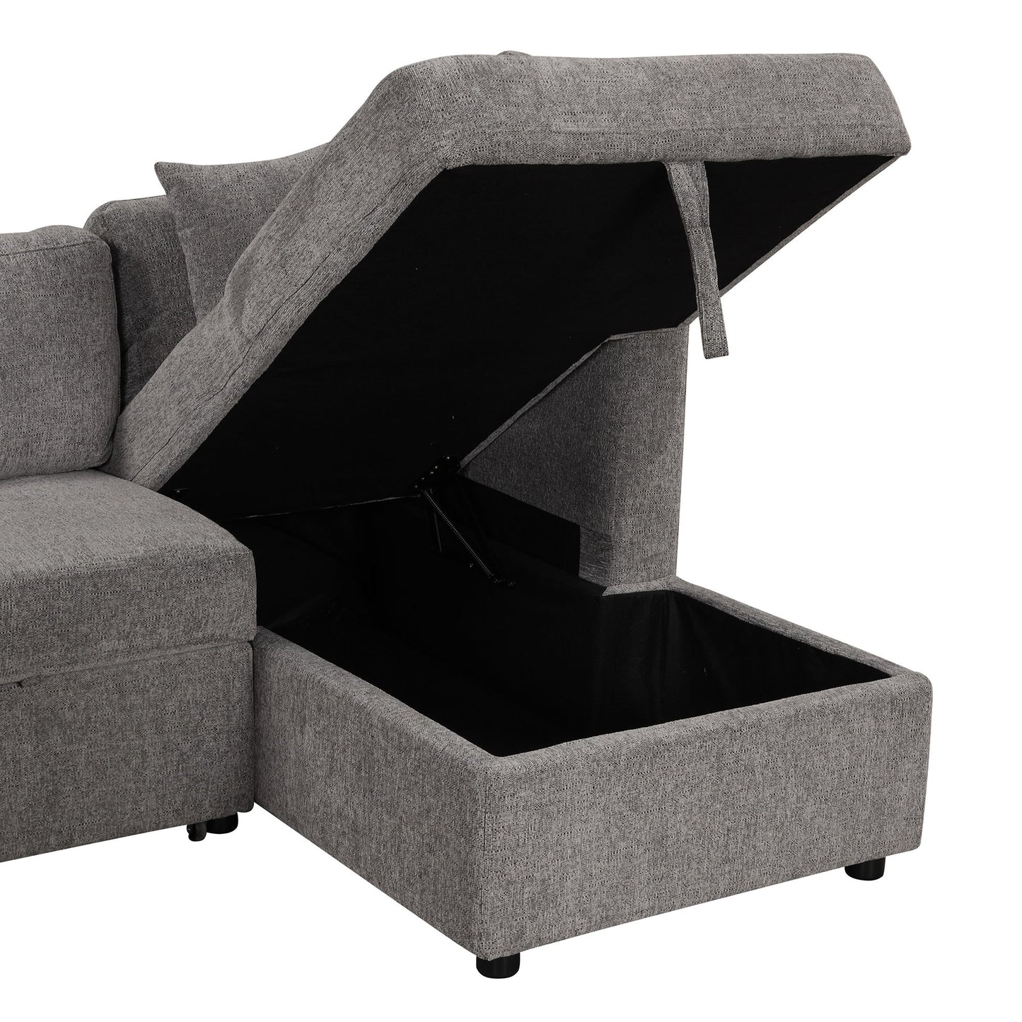 U-Shaped Sectional Sofa Pull Out Sofa Bed With Two USB Ports, Two Power Sockets, Three Back Pillows And A Storage Chaise For Living Room - Light Gray