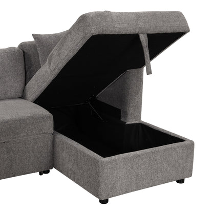 U-Shaped Sectional Sofa Pull Out Sofa Bed With Two USB Ports, Two Power Sockets, Three Back Pillows And A Storage Chaise For Living Room - Light Gray