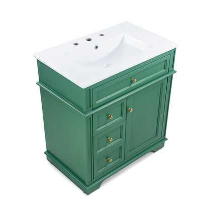 30" Bathroom Vanity With Sink, 1 Tip Out Drawer, 3 Drawers, Door Shelf, Soft Closing Door - Green