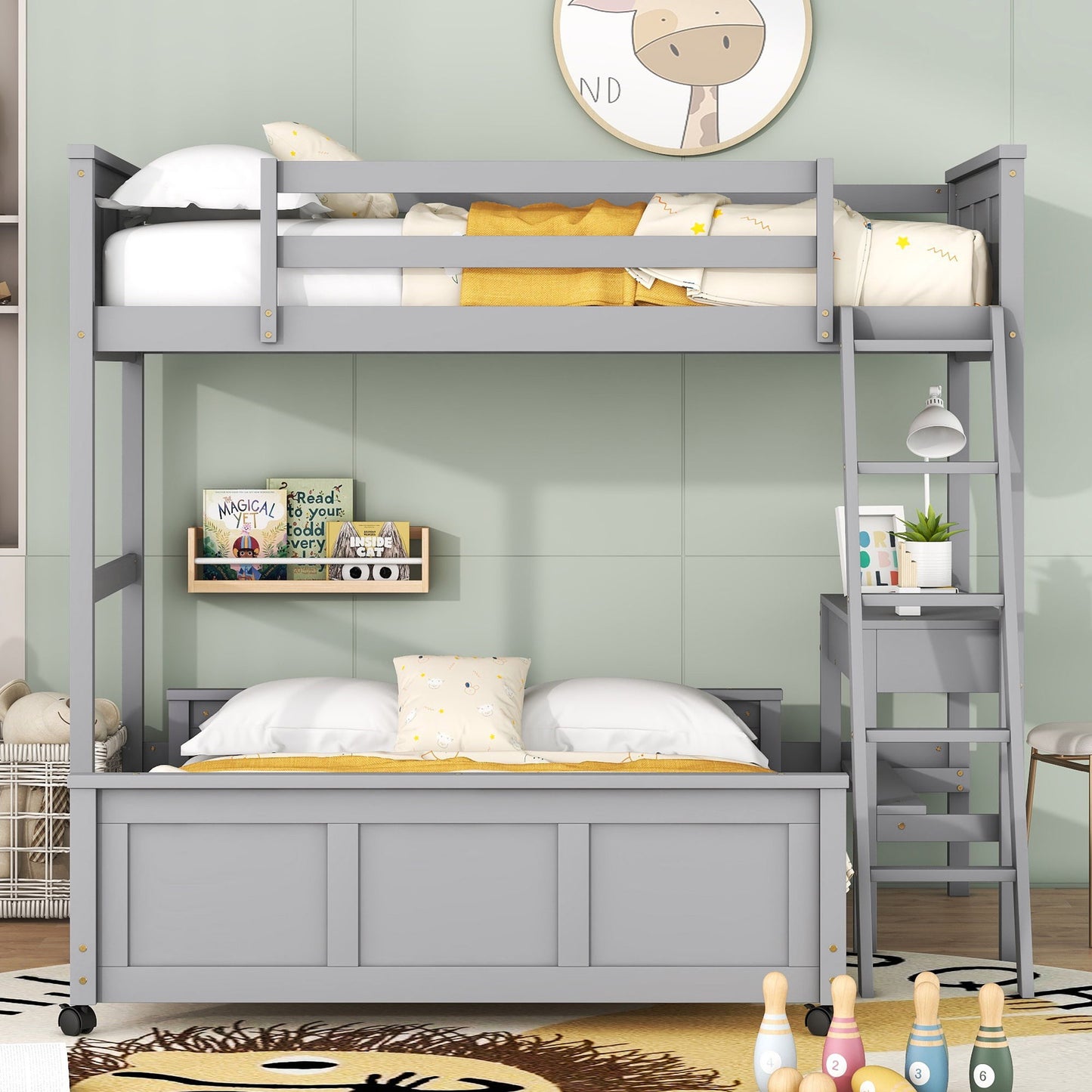 Twin Over Full Bunk Bed With Desk - Gray
