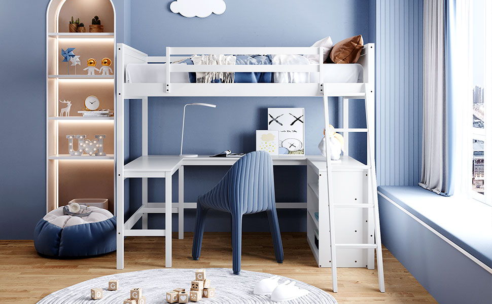 Full Size Loft Bed With Shelves With Desk - White