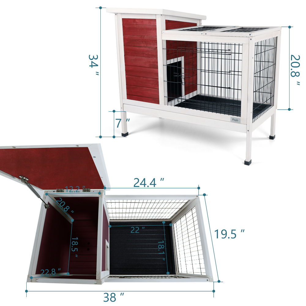 Two Tier Wooden Indoor / Outdoor Rabbit Cage For Small Animals With Runway And Leak-Proof Plastic Tray - Red