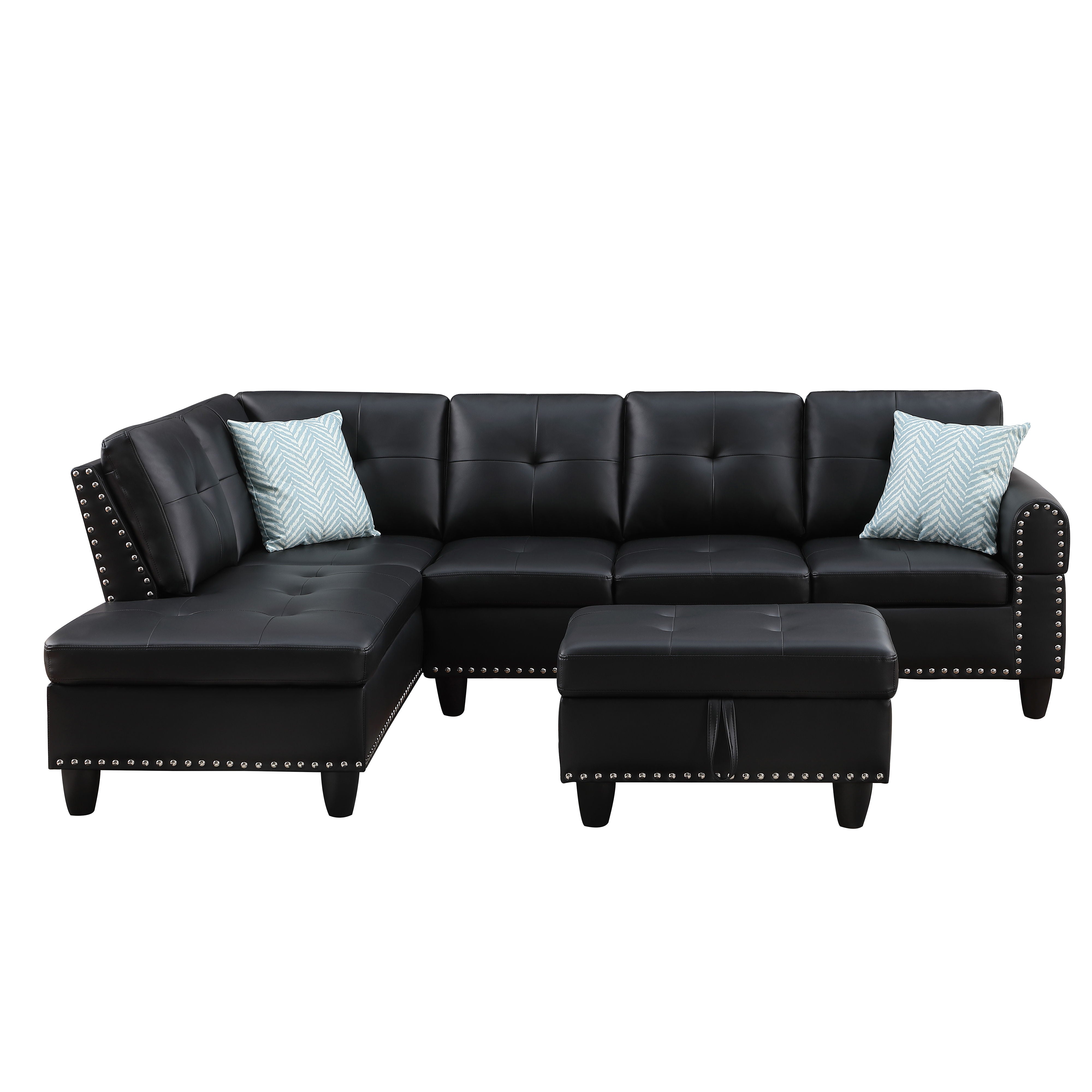 Irine - Faux Leather Sectional Sofa With Ottoman - Black
