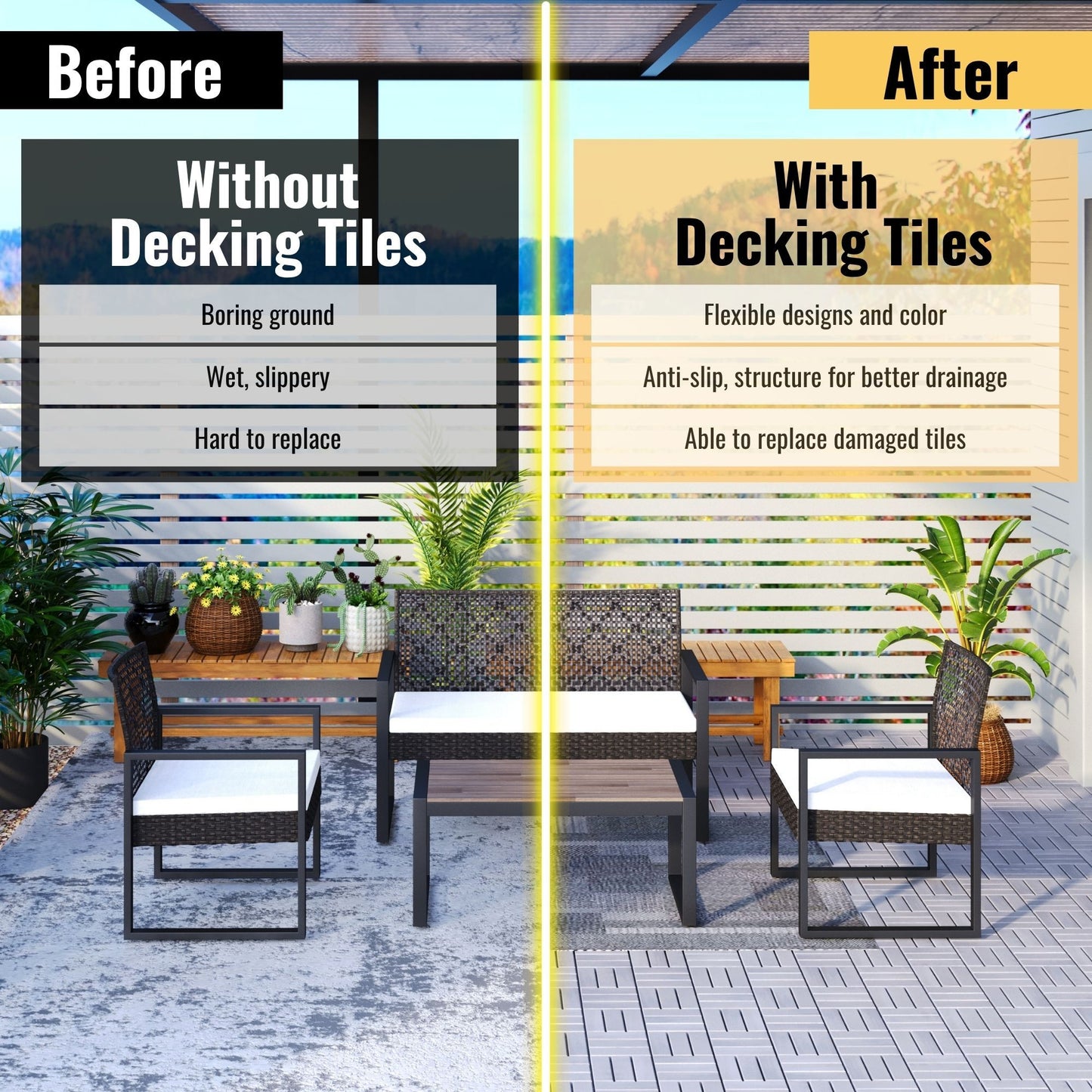 30 Piece Interlocking Deck Tiles Checker Pattern, Square Acacia Hardwood Outdoor Flooring For Patio, Bancony, Pool Side - Light Gray