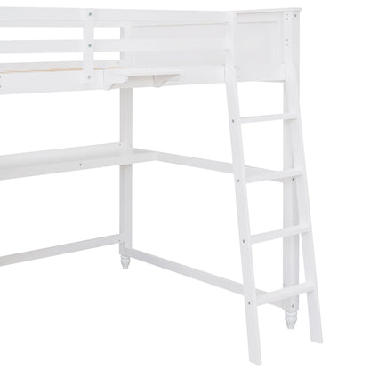 Full Size Loft Bed With Drawers And Desk With Shelves - White