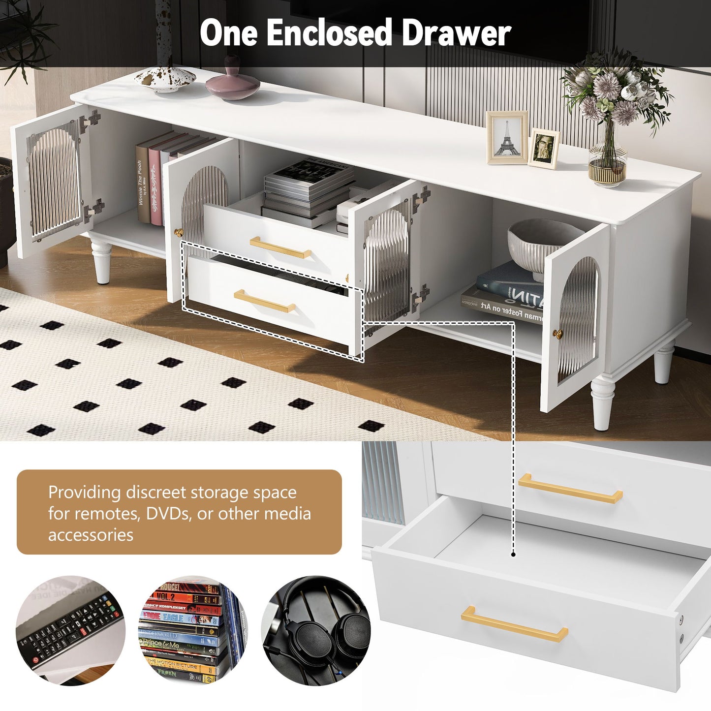 Retro TV Stand For TVs Up To 75", Entertainment Center Media Console With Fluted Glass Doors And 5 Solid Wood Legs For Living Room - White