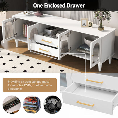Retro TV Stand For TVs Up To 75", Entertainment Center Media Console With Fluted Glass Doors And 5 Solid Wood Legs For Living Room - White