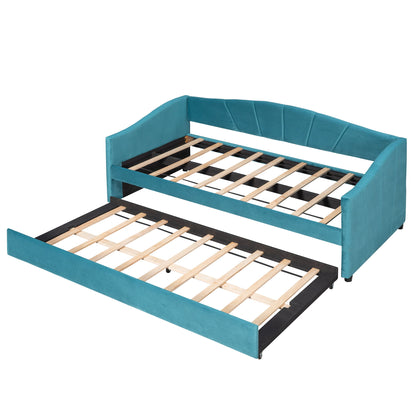 Twin Size Upholstered Daybed Sofa Bed With Trundle And Slat - Blue
