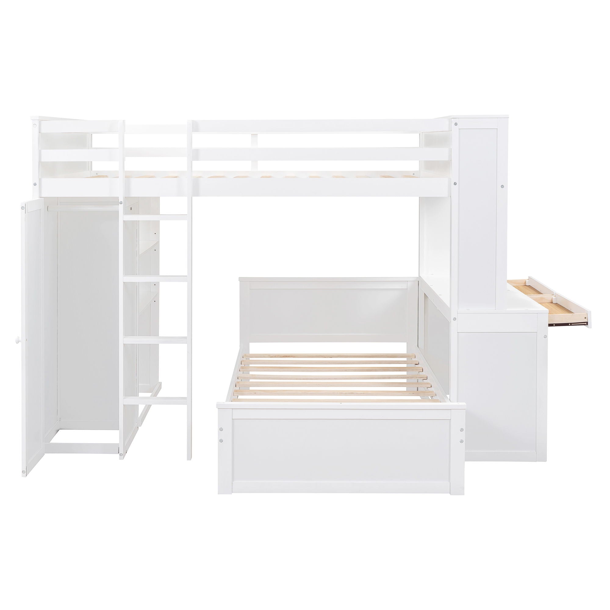 Full Size Loft Bed With A Twin Size Stand Alone Bed, Shelves, Desk, And Wardrobe - White