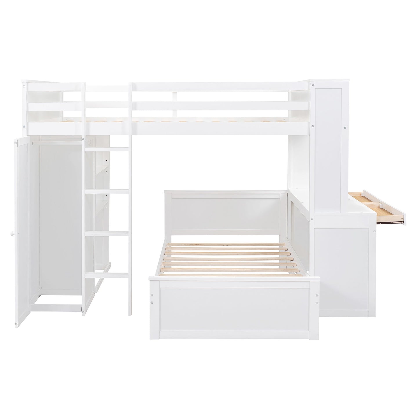 Full Size Loft Bed With A Twin Size Stand Alone Bed, Shelves, Desk, And Wardrobe - White