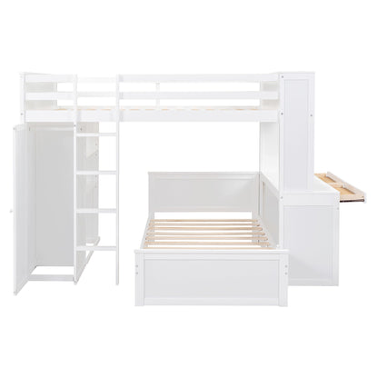 Full Size Loft Bed With A Twin Size Stand Alone Bed, Shelves, Desk, And Wardrobe - White