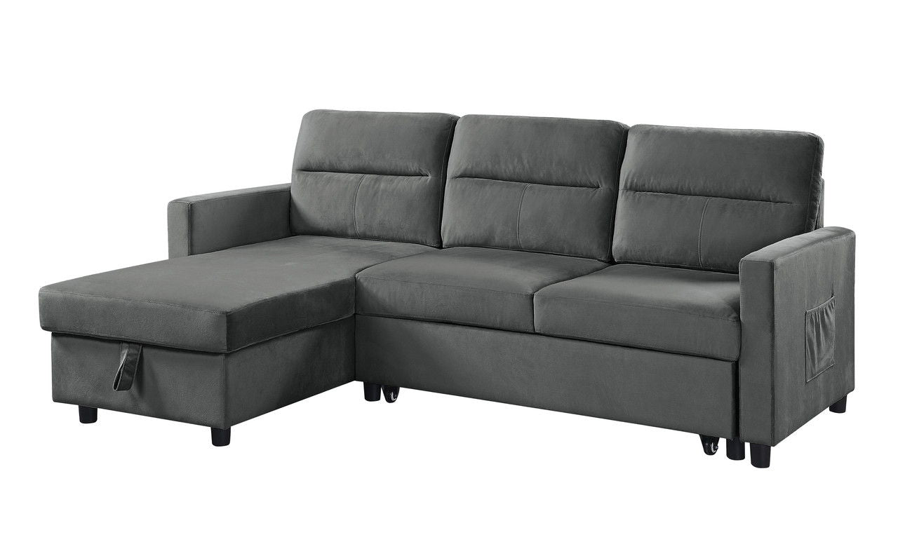 Ivy - Velvet Reversible Sleeper Sectional Sofa With Storage Chaise And Side Pocket - Dark Gray