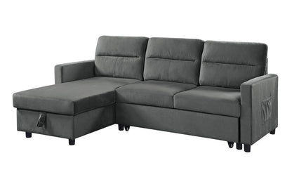 Ivy - Velvet Reversible Sleeper Sectional Sofa With Storage Chaise And Side Pocket - Dark Gray