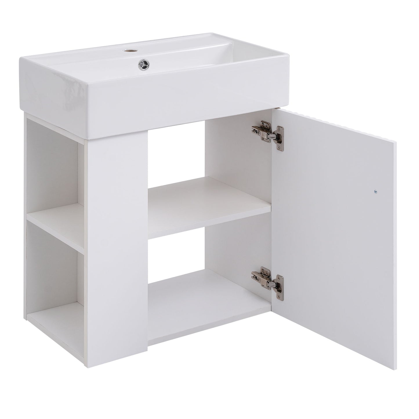 Modern Floating Bathroom Vanity With Ceramic Basin Perfect For Small Bathrooms, Left Side Storage - White