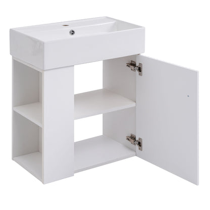 Modern Floating Bathroom Vanity With Ceramic Basin Perfect For Small Bathrooms, Left Side Storage - White