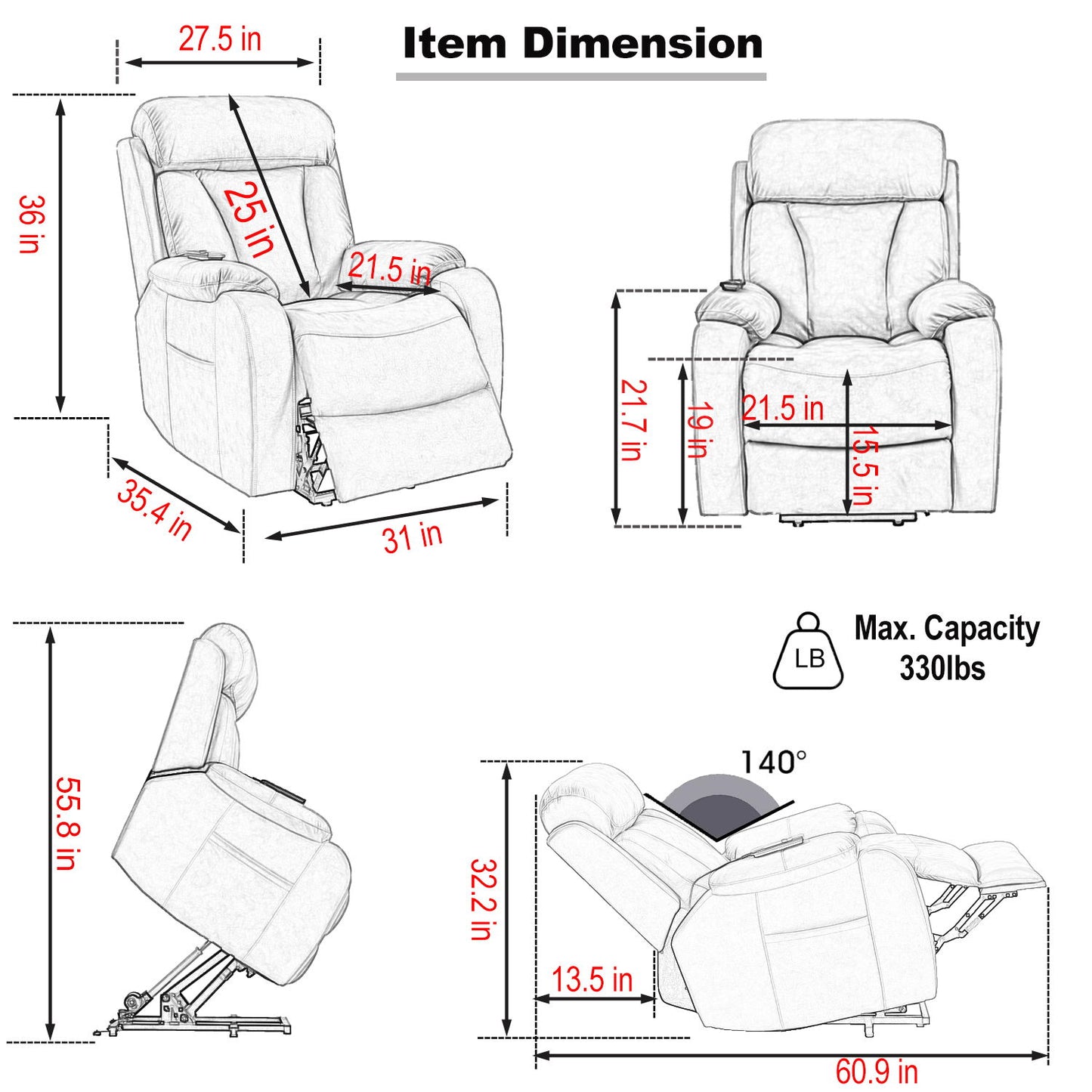 35.4" Electric Power Lift Recliner Chair, Fabric Recliner Chair, Home Theater Seating, Living Room Chair, Side Pocket, Remote Control - Light Gray