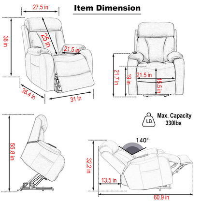 35.4" Electric Power Lift Recliner Chair, Fabric Recliner Chair, Home Theater Seating, Living Room Chair, Side Pocket, Remote Control - Light Gray