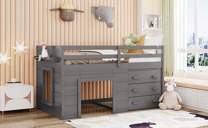 Twin Size Loft Bed With Cabinet And Shelf - Gray