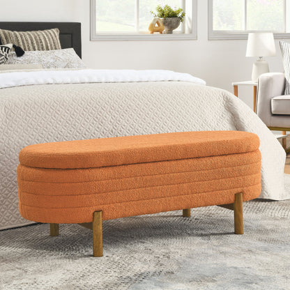 Stylish Ottoman Oval Storage Bench With Rubber Wood Legs - Orange