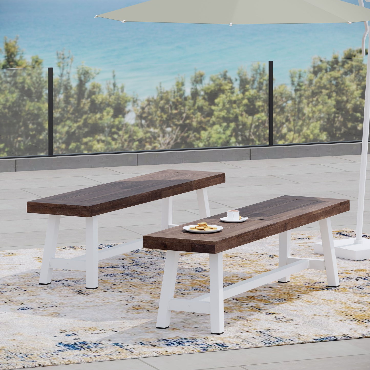 Tranquilizer - Outdoor Bench With Slat Panel Design (Set of 2) - Dark Brown / White