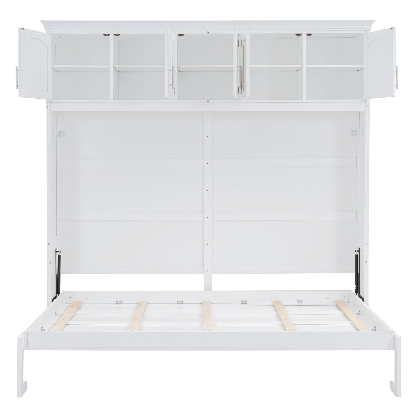 Full Size Space Saving Murphy Wall Bed With Top Cabinets, Flexible Slats - White