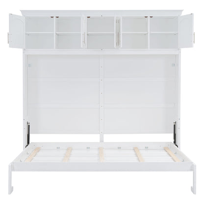 Full Size Space Saving Murphy Wall Bed With Top Cabinets, Flexible Slats - White