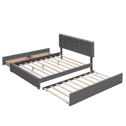Queen Size Upholstered Platform Bed With 2 Drawers And 1 Twin Long Trundle - Dark Gray