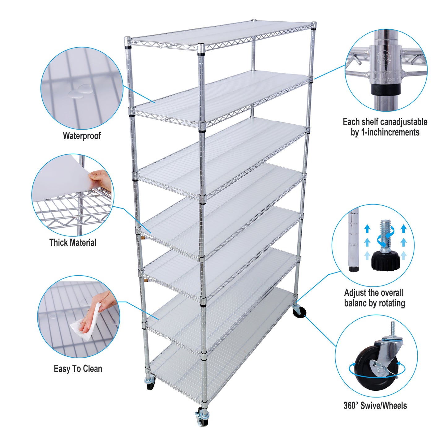 7 Tier Metal Shelf Wire Shelving Unit, 2450Lbs Heavy Duty Adjustable Storage Rack With Wheels & Shelf Liners For Closet Kitchen Garage Basement Commercial Shelving - Chrome