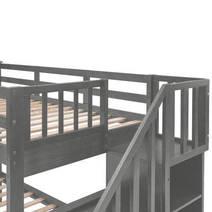 Twin Over Full Stairway Bunk Bed With Drawer, Storage And Guard Rail For Bedroom - Gray