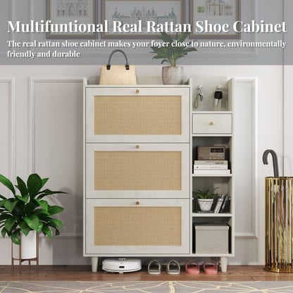 Natural Bohemia Style Shoe Cabinet, Shoe Rack Cabinet With 3 Rattan Flip Drawers, 3 Square Shelves And 1 Storage Drawer, Shoe Organizer With Mulit Storage Space And Hooks For Hallway, Entryway - White