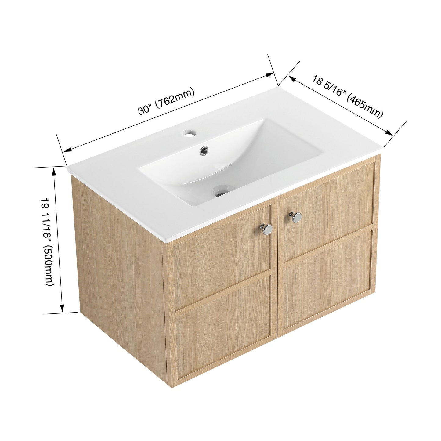 Modern Wall Mounted 30" Bathroom Vanity With Ceramic Sink And Soft Closing Doors - Oak
