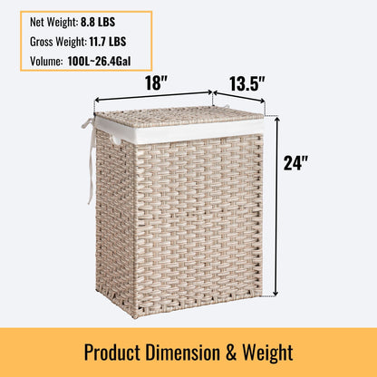 Laundry Hamper With Lid PE Rattan Powder Coating Frame Clothes Hampers With 2 Removable Bags, 100L - Gray