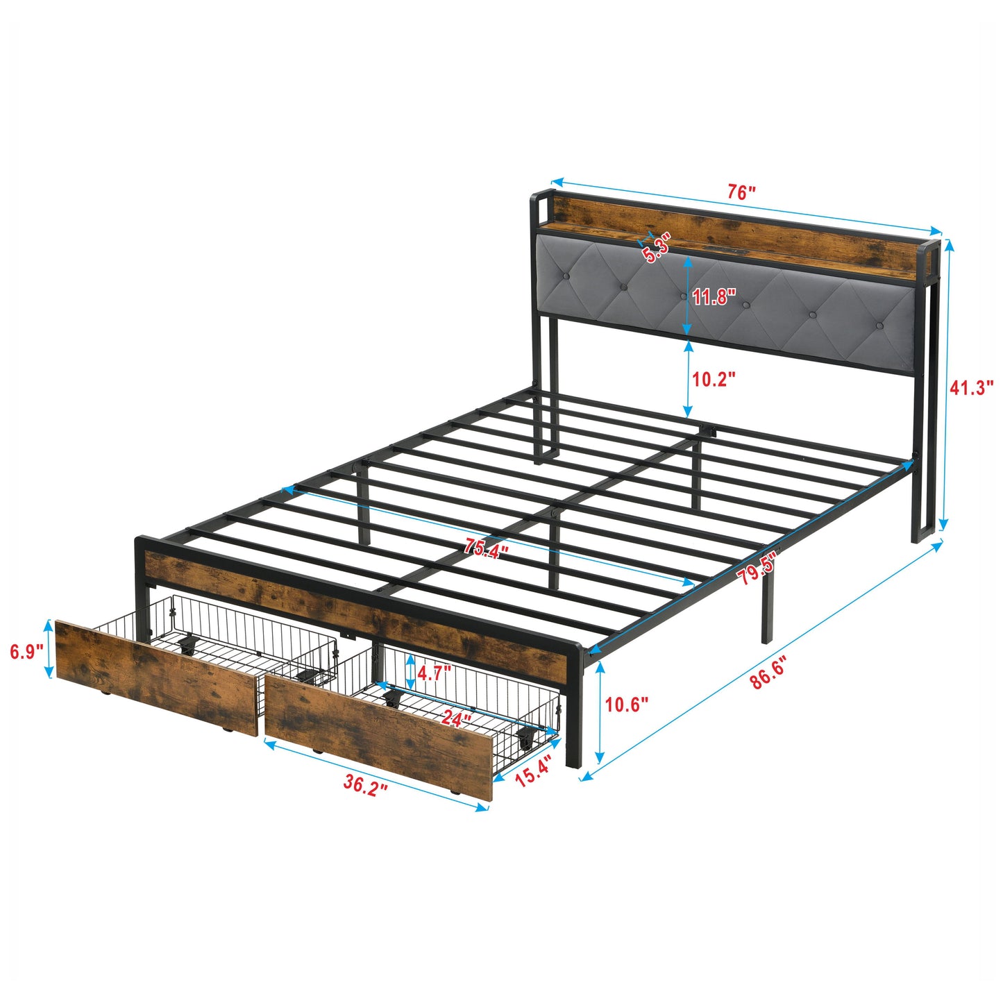 Modern King Bed Frame With Storage & LED Lights, Upholstered Headboard, USB Charging Station, Easy Assembly - Gray