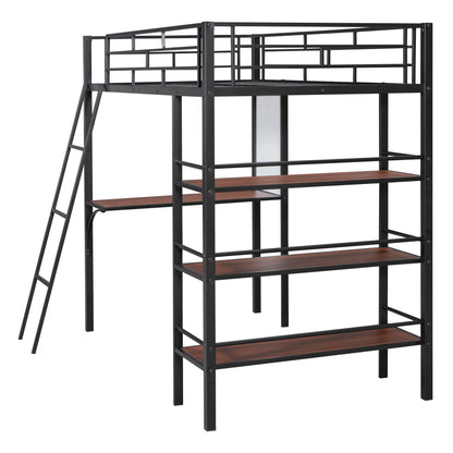 Twin Size Loft Bed With 3 Layers Of Shelves And Desk, Stylish Frame Bed - Black