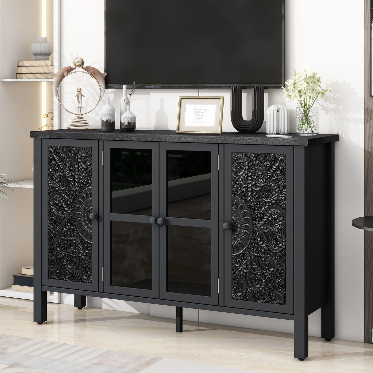 Retro TV Stand For TVs Up To 43", Entertainment Center Media Console Cabinet With 3 Spacious Cabinets, Glass Cabinet Doors And Anti-Tip Device For Living Room - Black